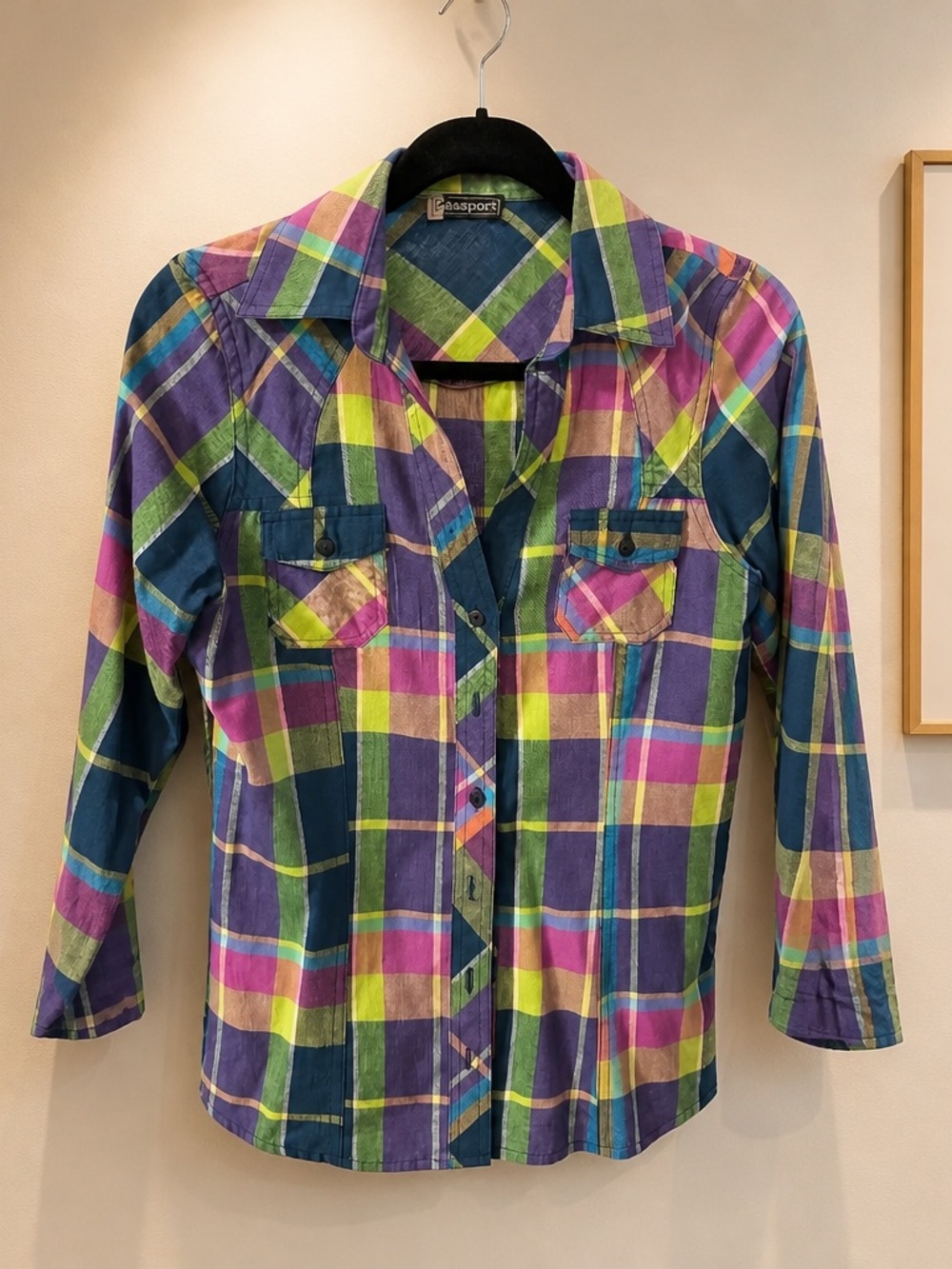 Passport ladies Plaid Button-Down Shirt in Purple, Pink, Green, Blue